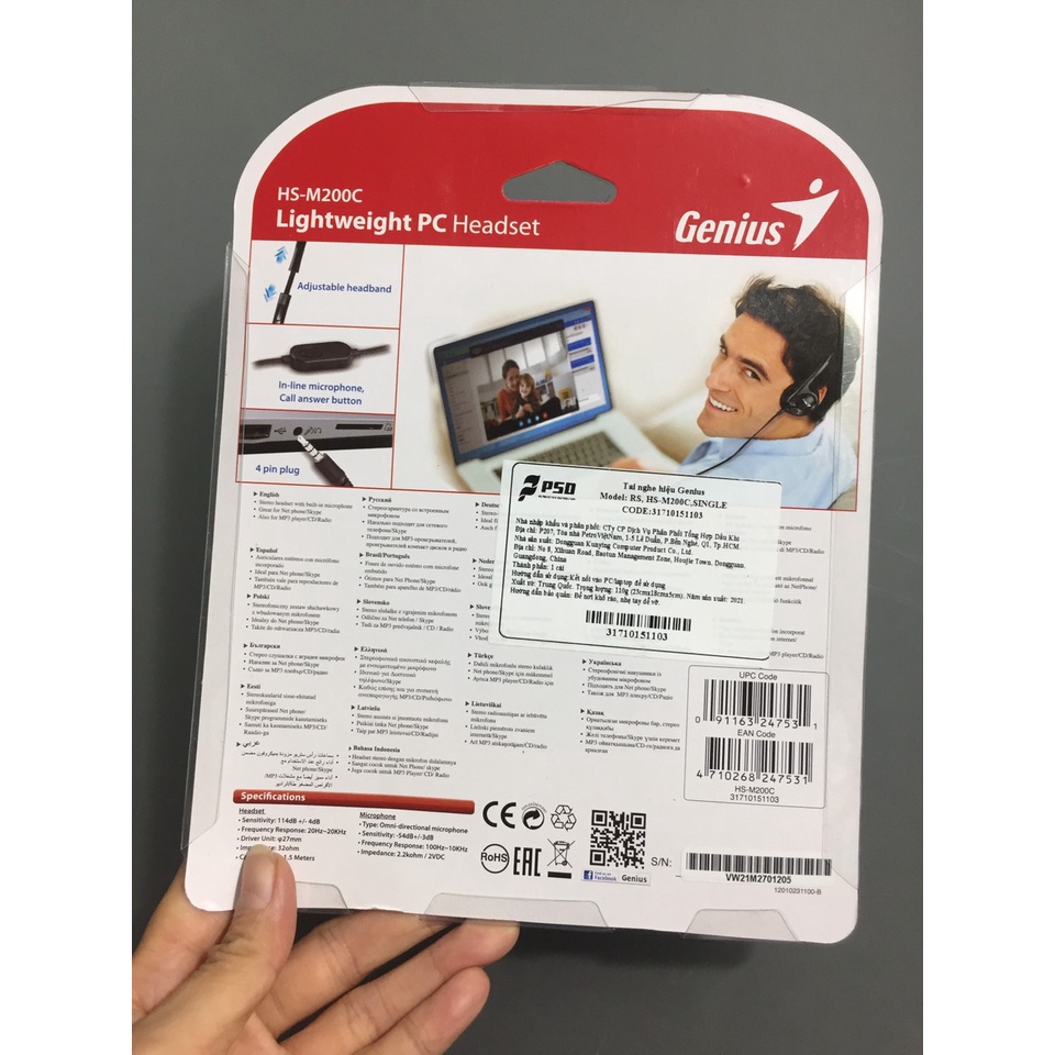 Tai nghe chụp tai có mic 1 chân cắm 3.5mm Genius HS-M200C