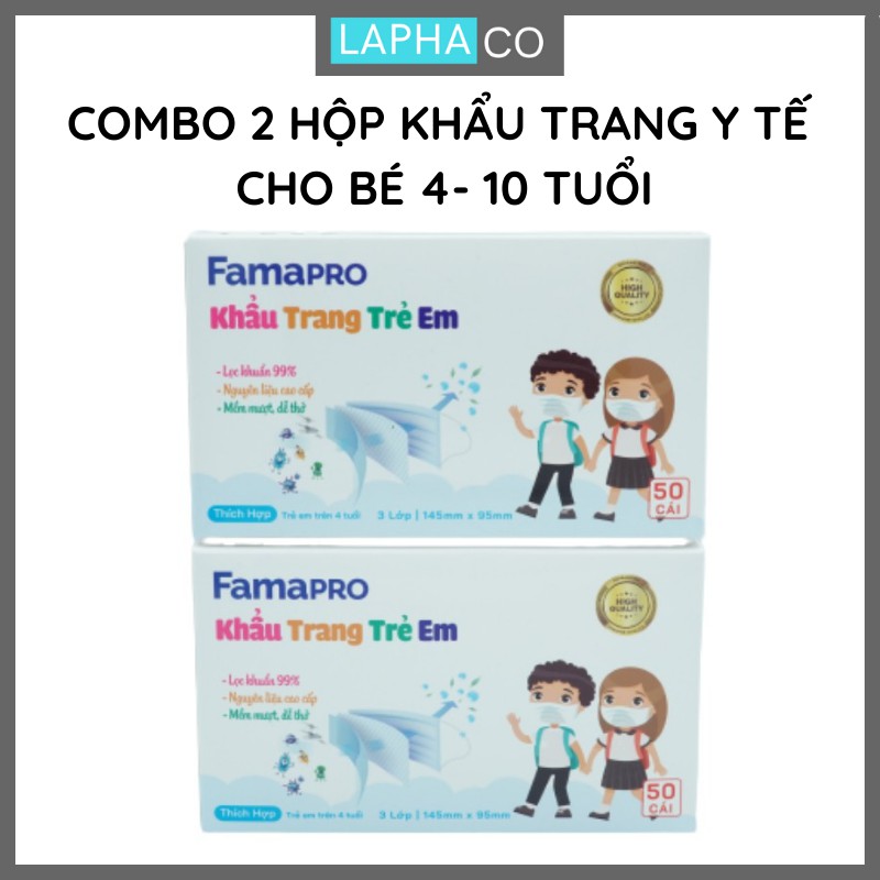 Combo 2 hộp Khẩu trang y tế trẻ em 3 lớp kháng khuẩn chuẩn FDA Nam Anh Famapro kid (50 cái /hộp)