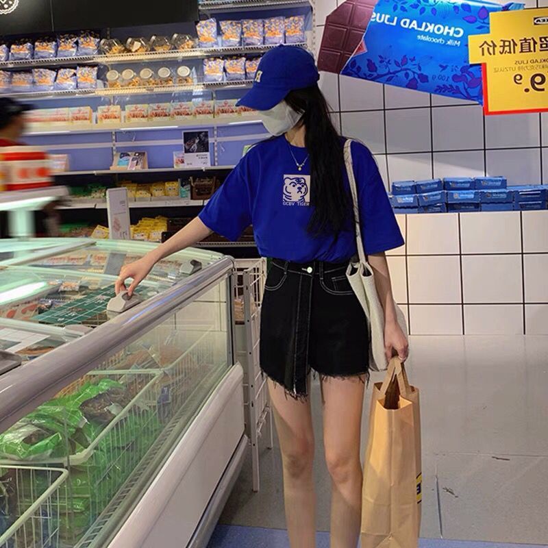 Áo Thun Tay Ngắn Dáng Rộng Màu Xanh Dương Phong Cách Hàn Quốc Thời Trang Cho Nữ