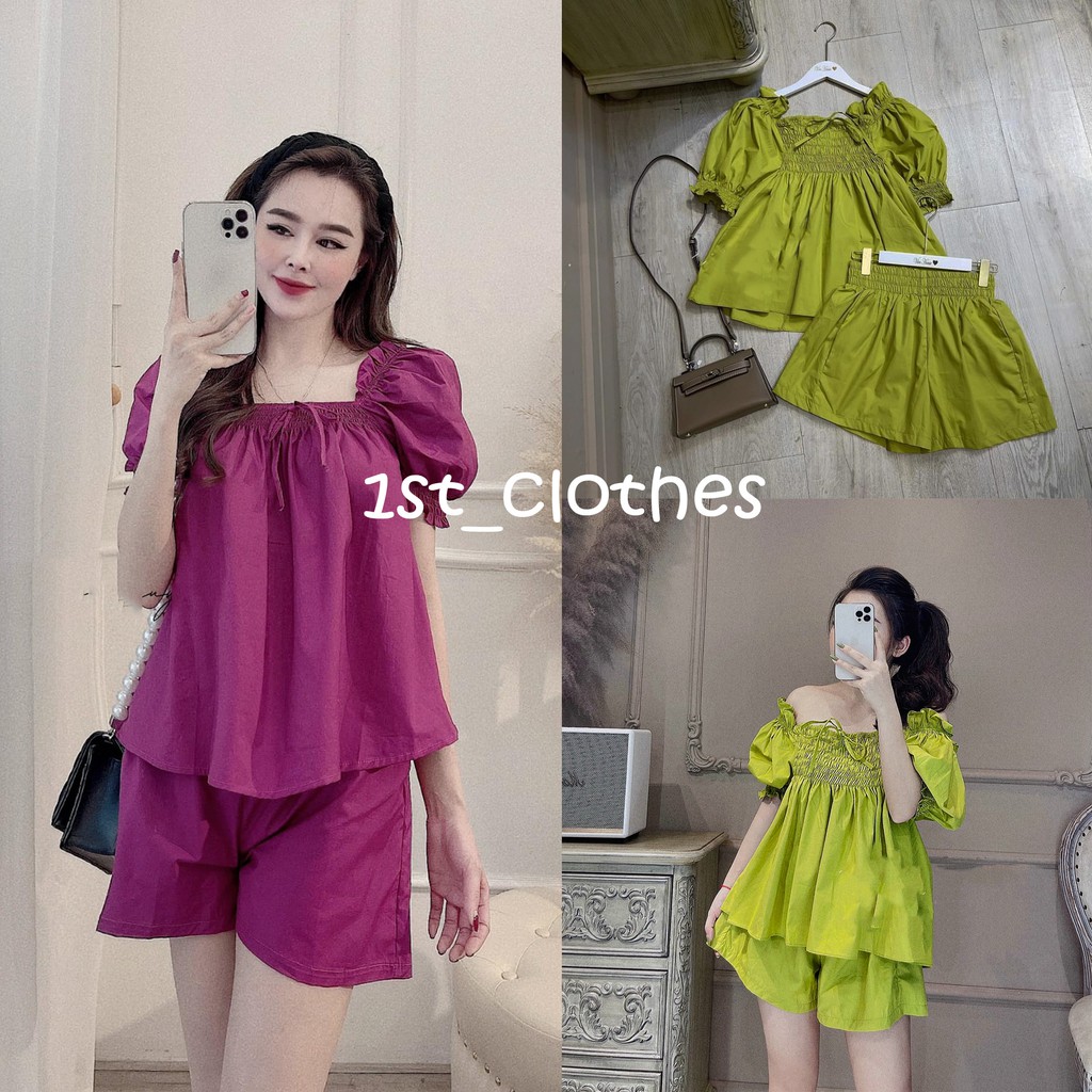 Set Áo Rúm Ngực Tay Bồng Vàng Chanh Mix Quần Sooc | BigBuy360 - bigbuy360.vn