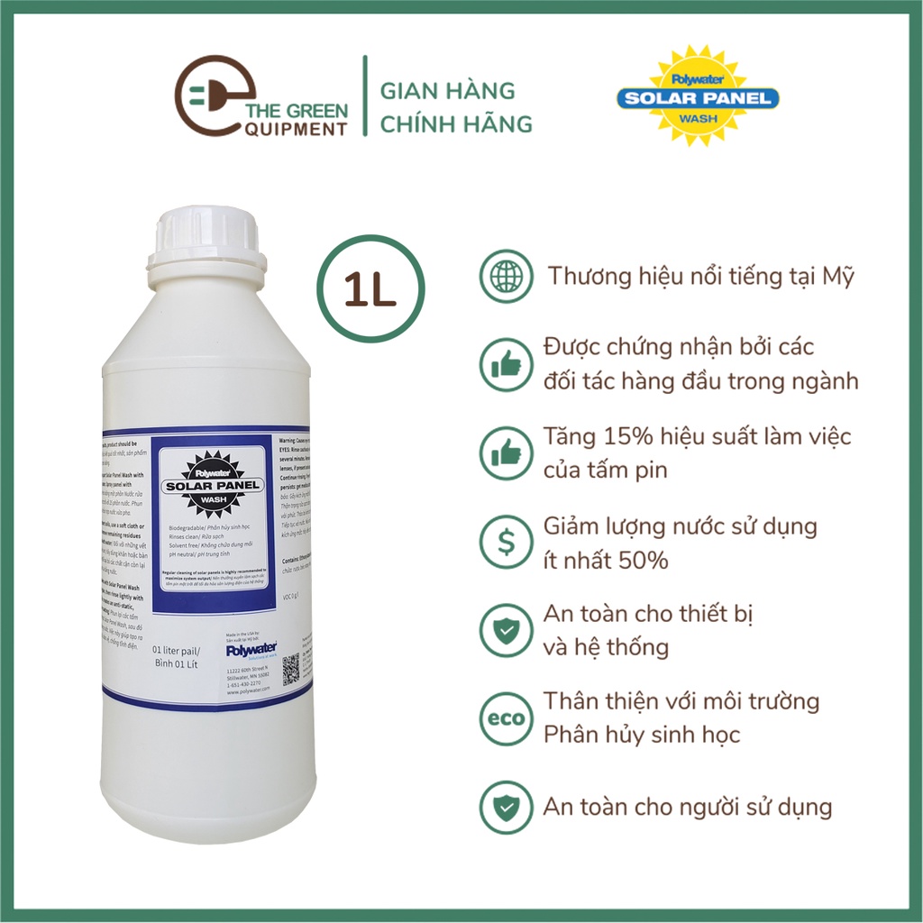 Hoá chất rửa tấm pin năng Lượng mặt trời NLMT Poly water ® SPW™ - chai 1 Lít