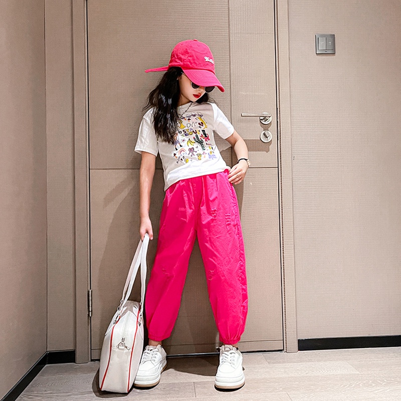 Set Áo Thun Tay Ngắn & Quần Short Rách Gối Cho Bé Gái 170