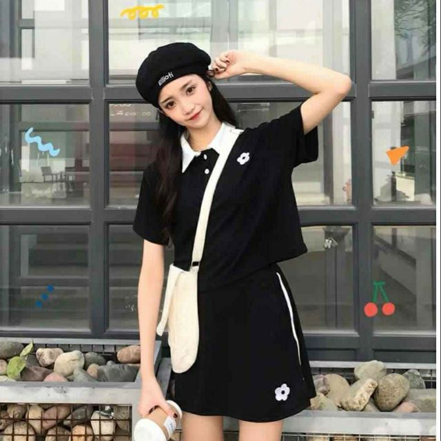Set áo croptop polo chân váy thun thêu hoa