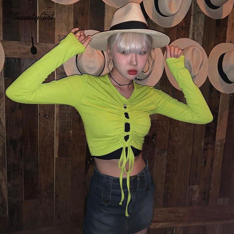 Áo Thun Crop Top Tay Dài Cổ Chữ V Màu Trơn Dáng Ôm Thời Trang 2022 Dành Cho Bạn Nữ