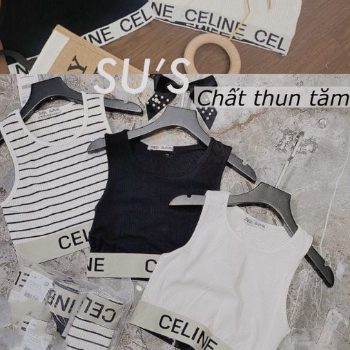 Áo croptop sát nách ZARA thun cotton gân tăm thêu chữ ce.line trắng, đen, sọc