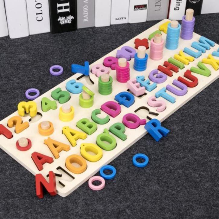 Đồ chơi gỗ thông minh 3 trong 1 bảng chữ cái tiếng việt, hình khối và cột tính xếp hình cho bé Space Kids