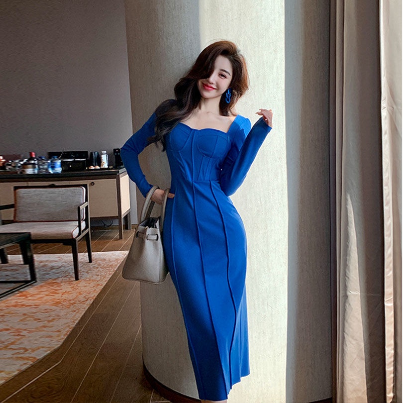 Đầm Tay Dài Cổ Vuông Dáng Ôm Màu Xanh Dương Thời Trang Sang Trọng Cho Nữ