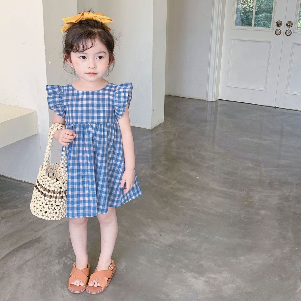 Váy Đầm Cánh Tiên Họa Tiết Kẻ Caro Cho Bé Gái 8-26kg