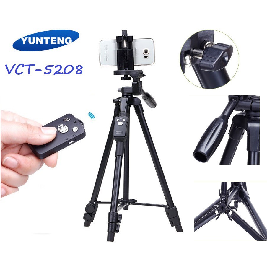 TRIPOD- Chân máy ảnh và điện thoại YUNTENG VCT-5208RM [HÀNG NHẬP KHẨU CHÍNH HÃNG]- TẶNG KÈM 1 REMOTE + 1 GIÁ KẸP ĐIỆN TH