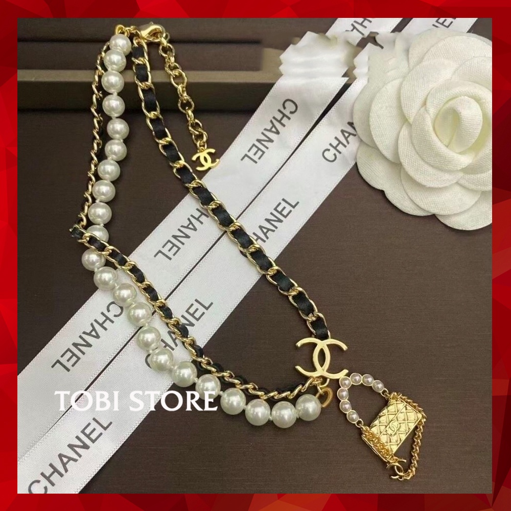 Vòng cổ titan dây chuyền thương hiệu CC ngọc trai nhân tạo mặt ổ khóa sang chảnh VCH13