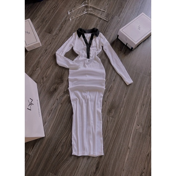 Đầm  Maxi Body Xốp Cổ Polo Tay Dài Núc Cài  Phối Viền