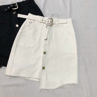 Chân váy kaki lệch tà phối nịt khoen bụng