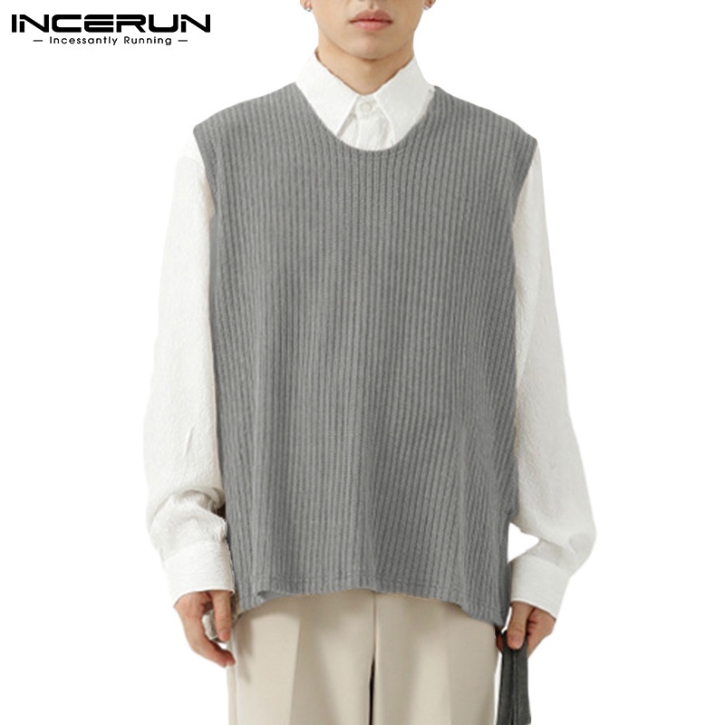 Áo sweater INCERUN cổ tròn sát nách màu trơn thời trang mùa đông cho nam