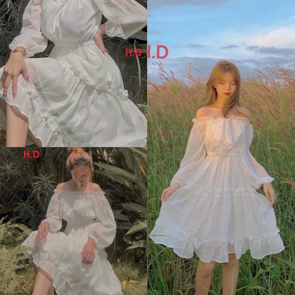 Váy đầm nữ trễ vai công chúa tay bồng chất voan 2 lớp dáng dài tiều thư phong cách hàn quốc,TONGKHOQUANAONU