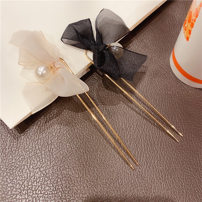 Trâm cài tóc hình chữ U kiểu nơ tua rua vải phong cách tiểu thư Hàn Quốc