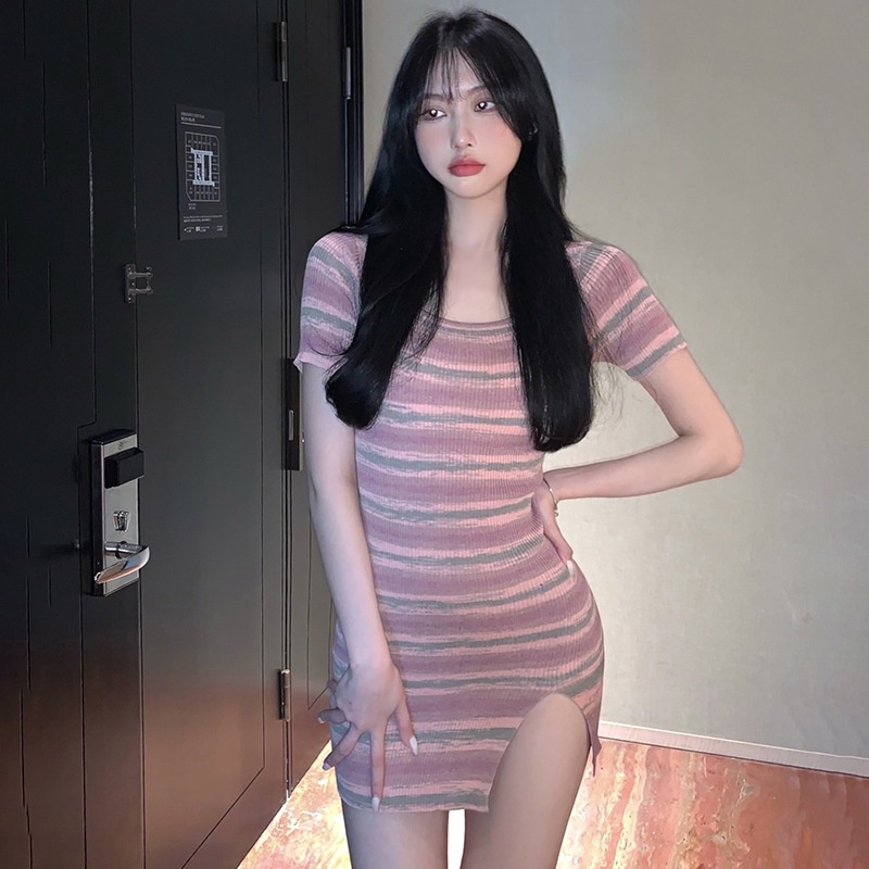 Đầm Cổ Vuông Tay Ngắn Họa Tiết Kẻ Sọc Cầu Vồng Thời Trang Mùa Hè Cho Nữ