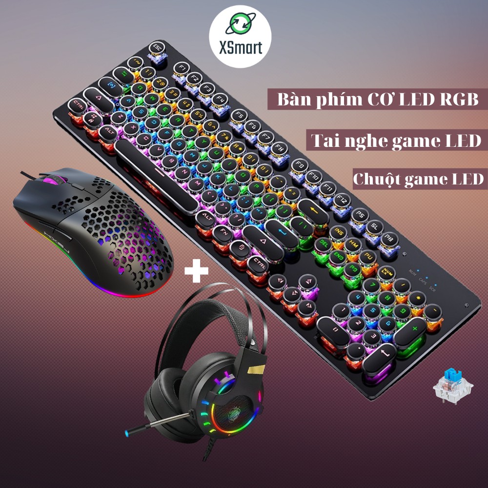 COMBO Bàn Phím Chuột CƠ Kèm Tai Nghe Chụp Tai Máy Tính Laptop PC Chơi Game Cao Cấp LED Nhiều Màu T907+M8+K3