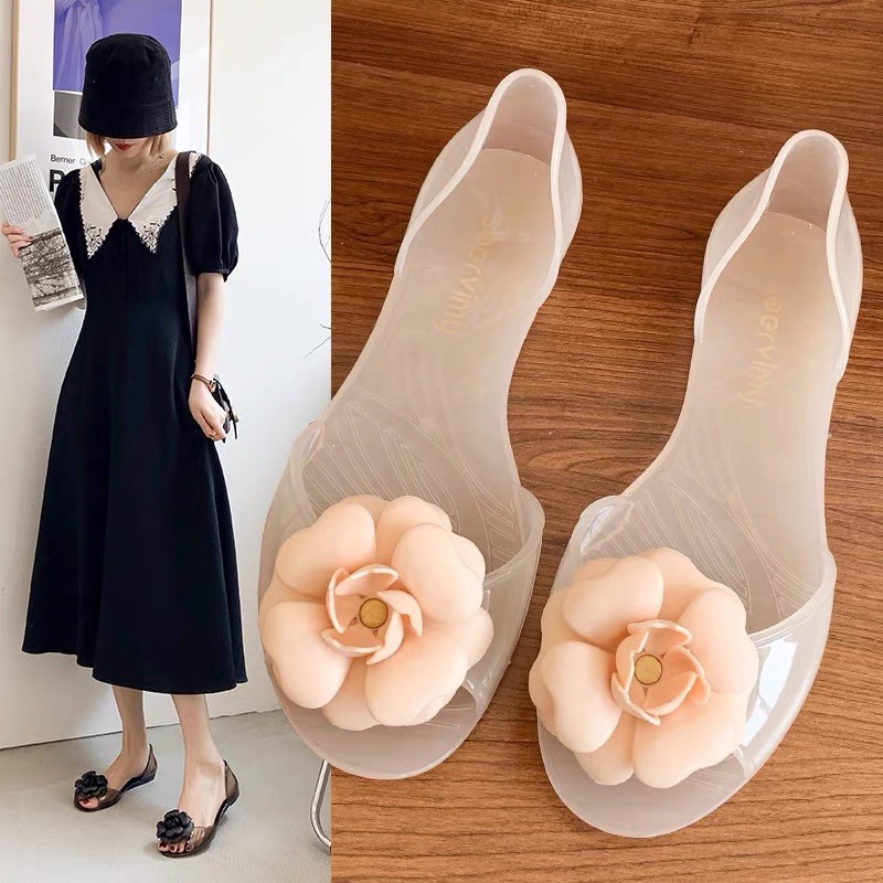 Giày bệt nhựa dẻo thơm trong đính hoa trà hở mũi Soervimy (Chọn lùi 1 size nếu bàn chân mỏng) sẵn 1 số màu và size | BigBuy360 - bigbuy360.vn