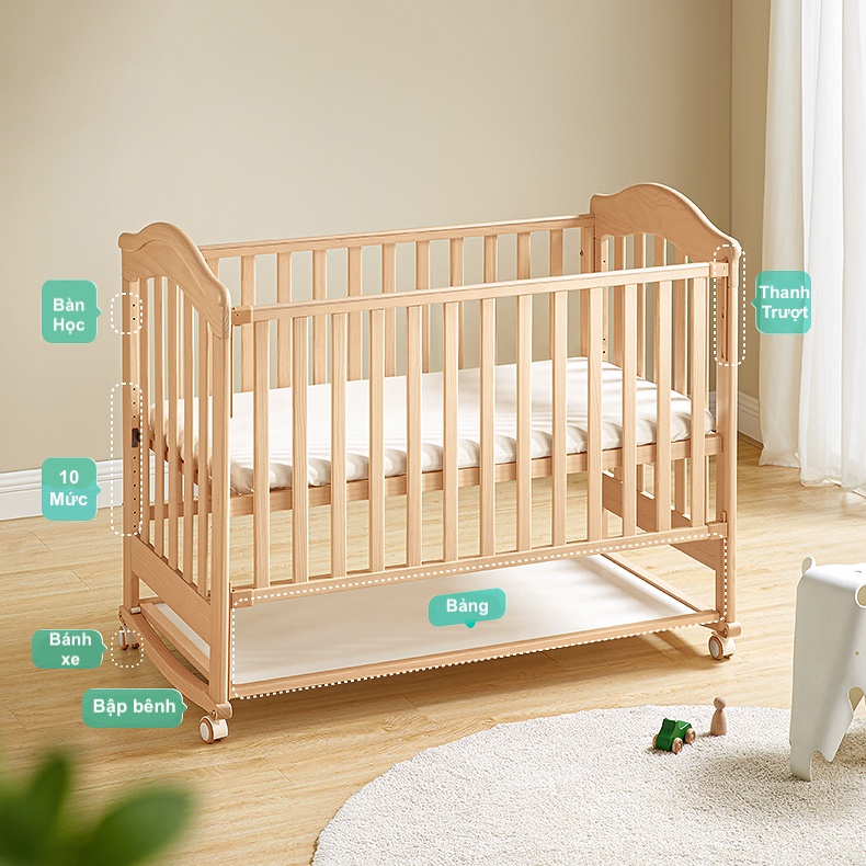 Giường Cũi Gỗ 8 Chức Năng Sơn Gốc Nước Không Mùi Tiêu Chuẩn Châu Âu Kèm Bảng Trắng Và 4 Bánh Xe Để Di Chuyển