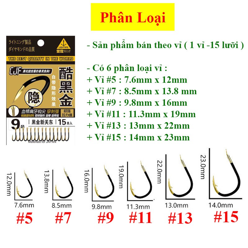 Lưỡi câu cá CJF Seiko ( Vỉ 15 Chiếc ) Vàng Đen Cao Cấp Chuyên Câu Đài, Câu Đơn