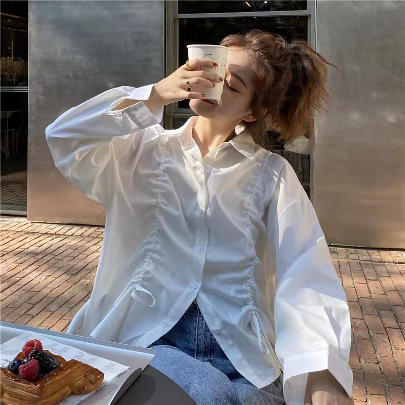 Áo sơ mi SUXI tay dài dáng rộng màu sắc đơn giản phối dây rút thời trang mùa xuân cho nữ