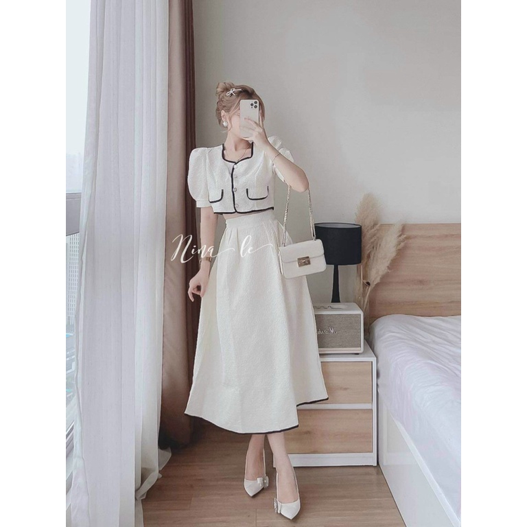 Sét Bộ 2 Món Áo Cài Nút Kèm Chân Váy Xòe Dài Y Hình Chất Xốp Nhật Mặc Đẹp Tôn Dáng [NEW UNISEX]