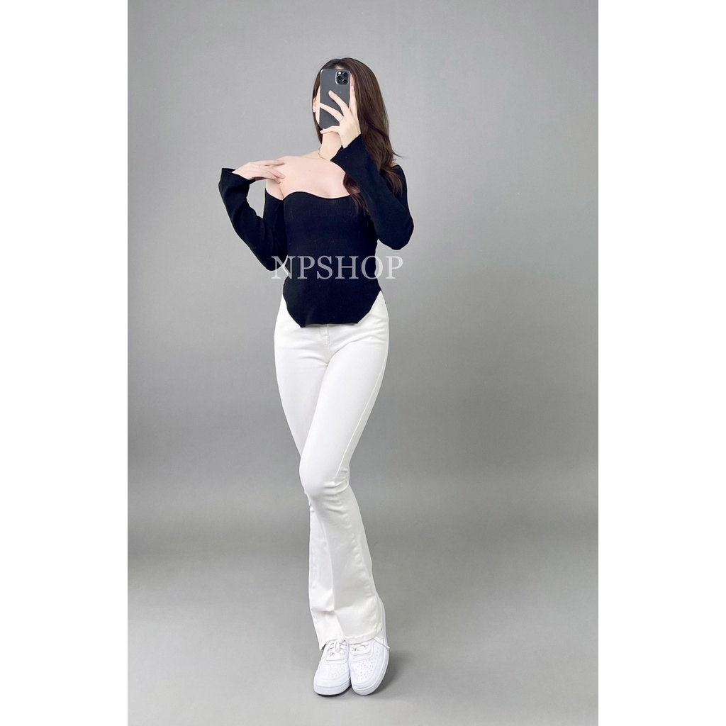 Quần jean ống loe lưng cao NPSHOP trơn dài, quần bò nữ ống bass màu trắng cạp cao NPQ064