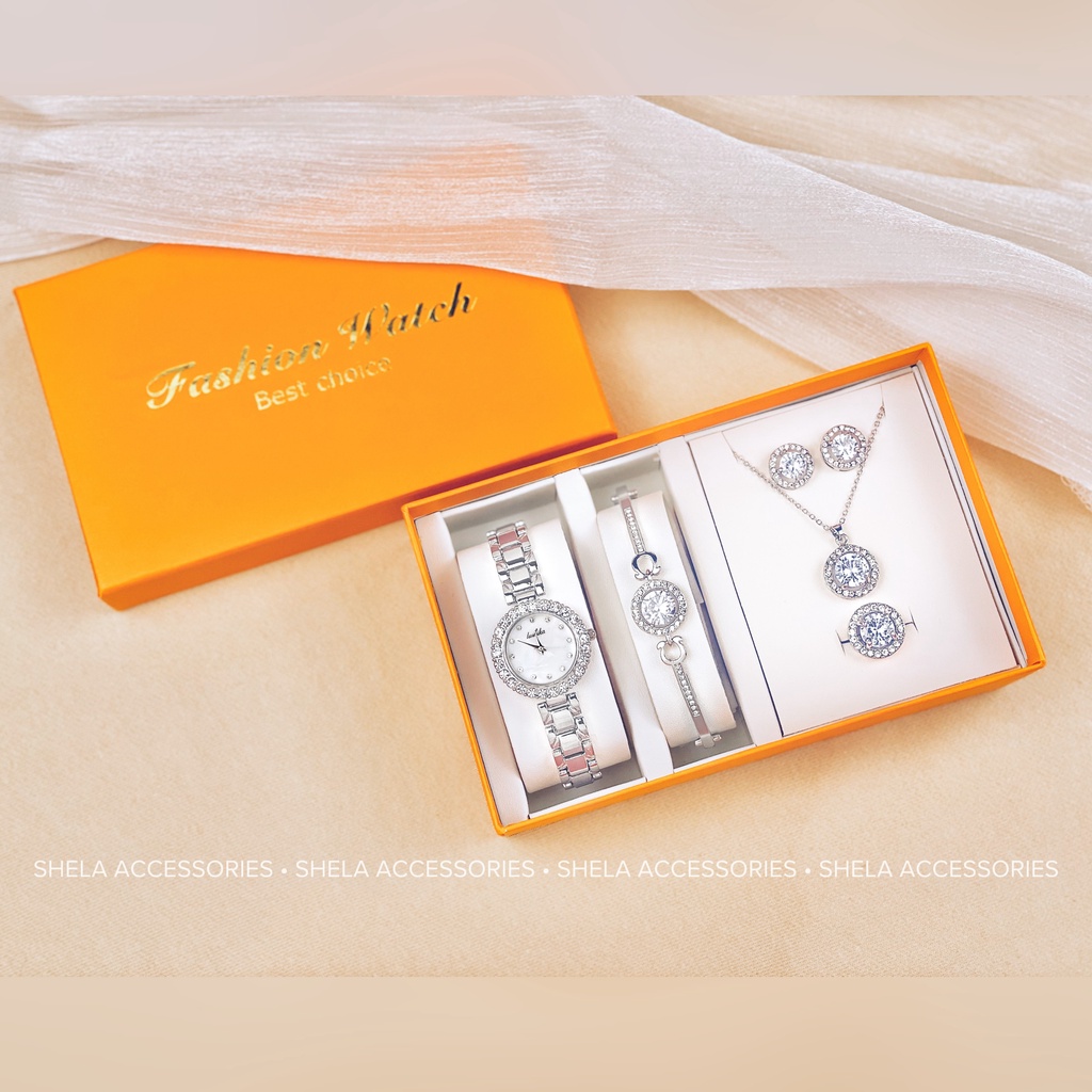 Đồng hồ nữ đẹp chính hãng set 5 món dây kim loại mặt tròn màu bạc đính đá sang chảnh LUSHIKA LK04