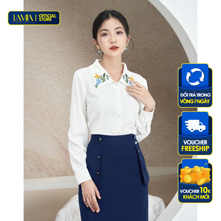 Áo sơ mi nữ thiết kế Lamia Design LA296 màu trắng kiểu Đức thêu hoa màu thủ công tinh tế
