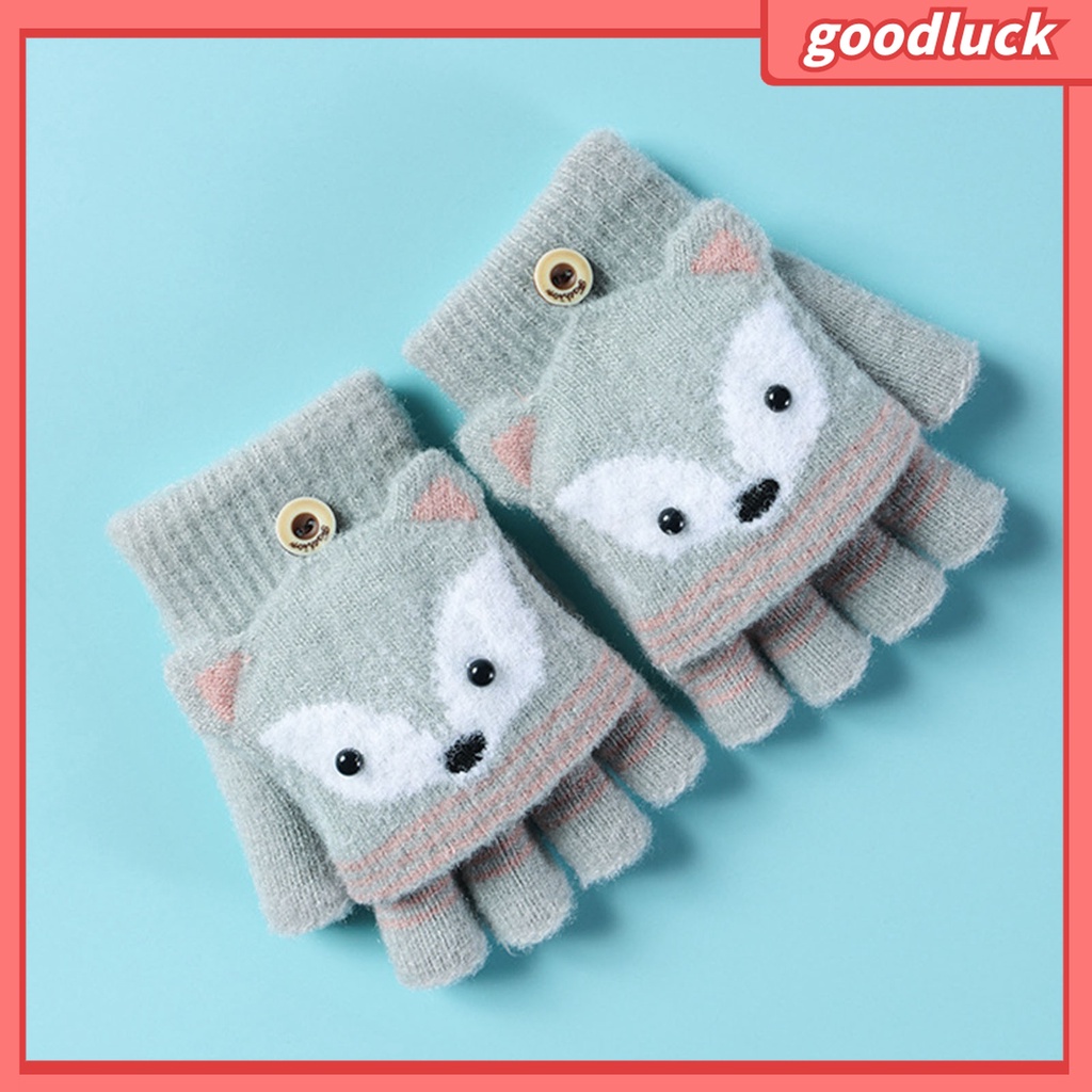 1 Đôi Găng Tay Hở Ngón Co Giãn In Họa Tiết Cáo Hoạt Hình Thời Trang Mùa Đông Cho Bé Trai Và Gái 6-10 Tuổi