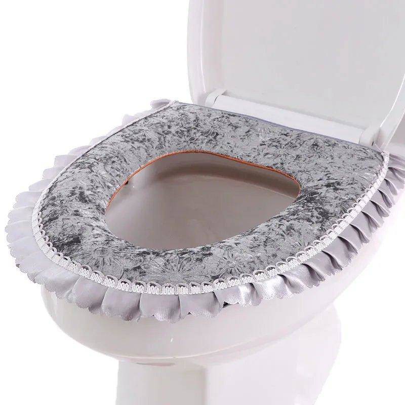 Vỏ Bọc Ghế Ngồi Toilet Bằng Vải Nhung Phối Ren Dày Có Khóa Kéo Chống Thấm Nước