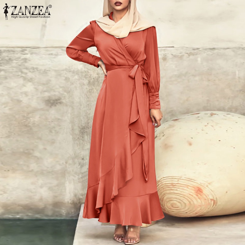 Đầm Zanzea dáng dài kiểu tay dài phối viền bèo nữ tính