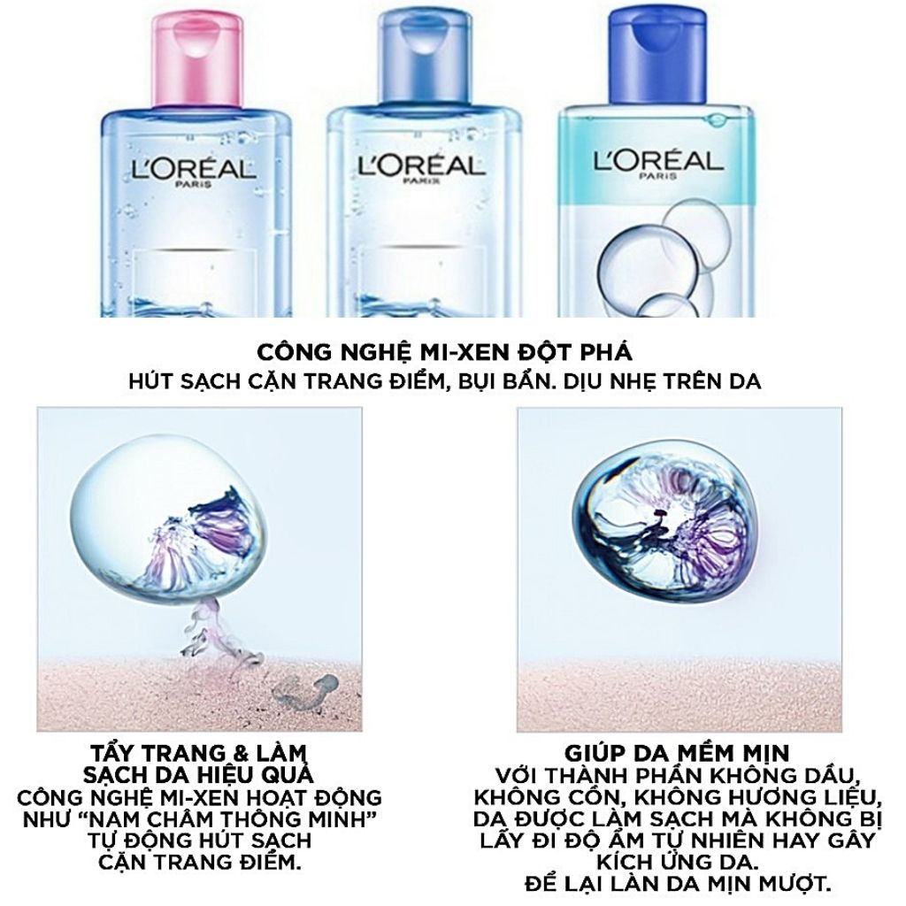 Nước Tẩy Trang L'Oreal Paris 3-in-1 Loreal Micellar Water Da Dầu,Da Nhạy Cảm,Da Khô.Sạch Sâu,Tươi Mát,Dưỡng Ẩm.