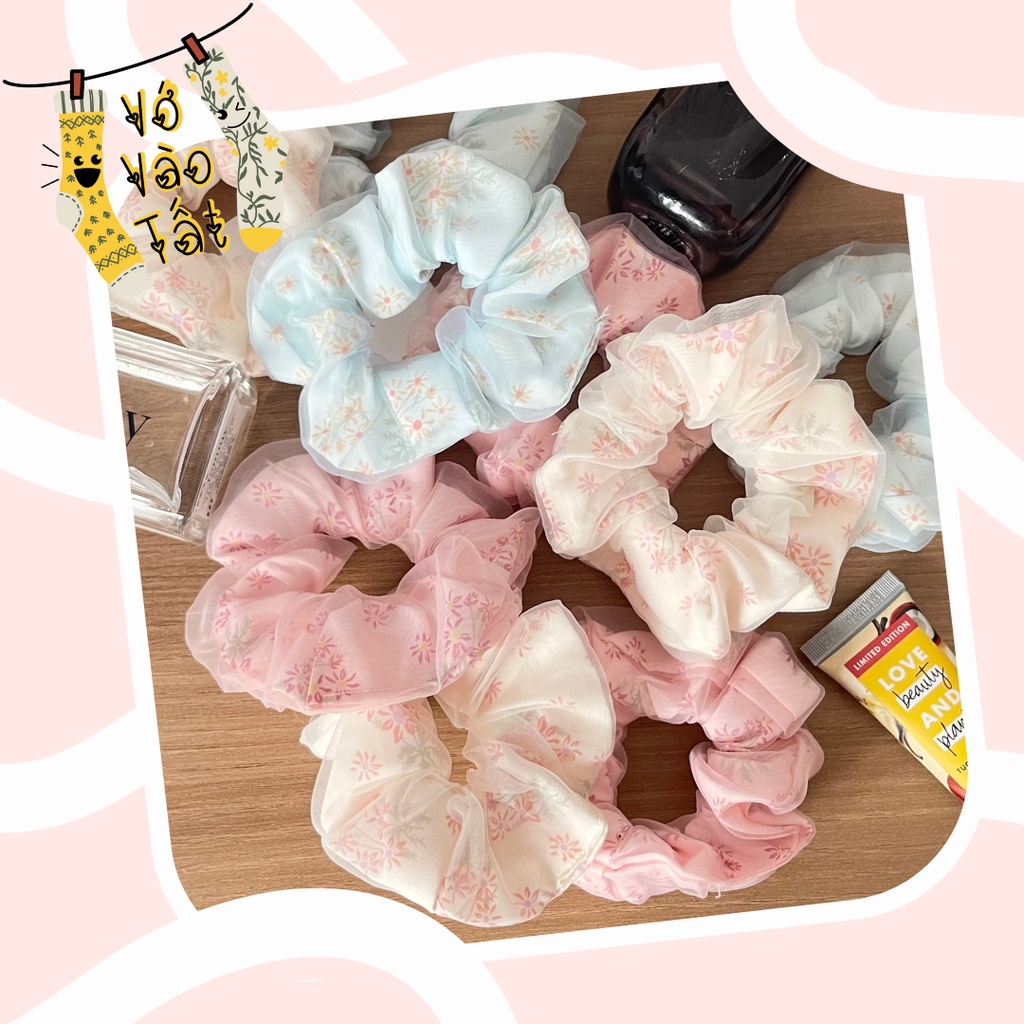 [quà tặng] Đồ buộc tóc scrunchies 2 lớp voan hoa