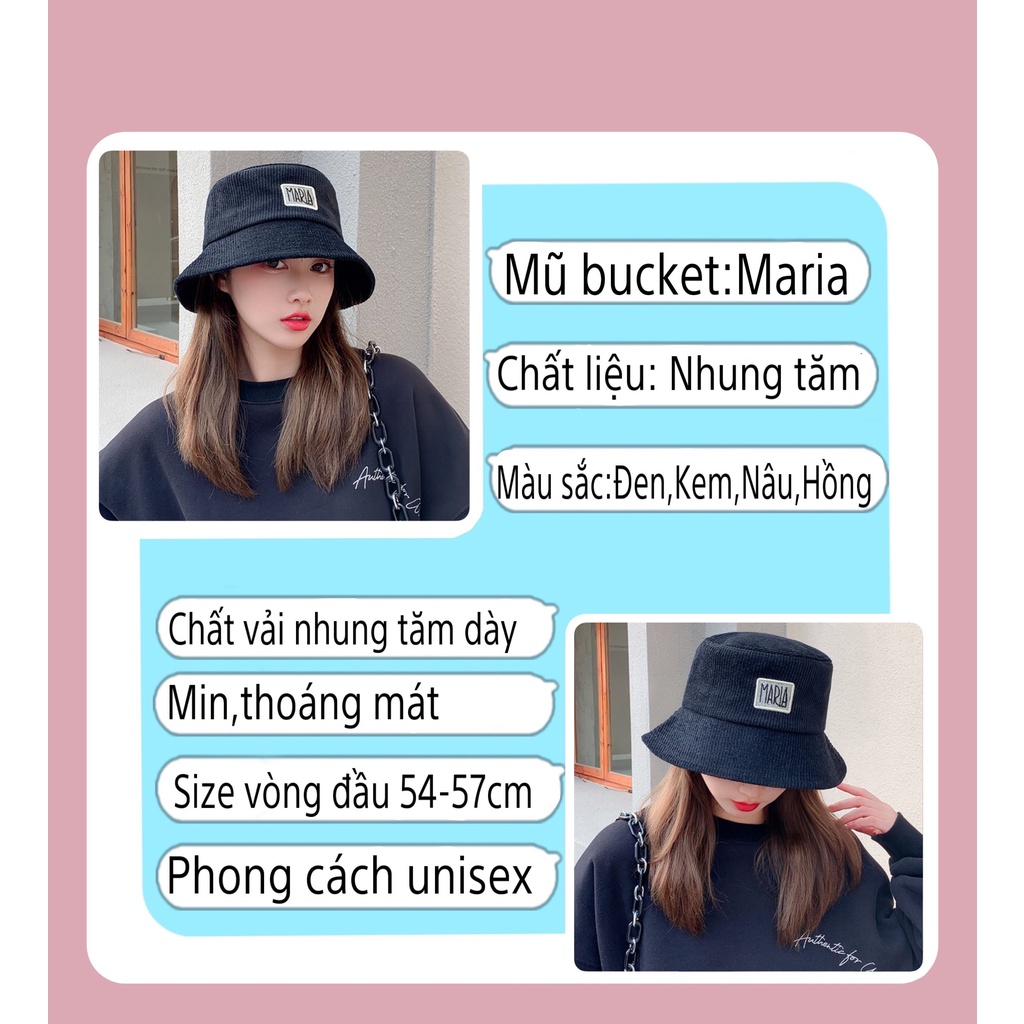 Mũ bucket vành cụp nhung tăm thêu chữ MARIA nhiều màu phong cách Ulzzang Unisex - Hazis Store
