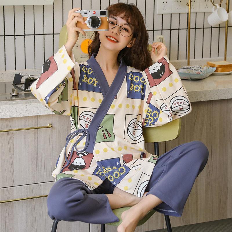 Bộ Đồ Ngủ Kimono Tay Dài Dáng Rộng Phong Cách Nhật Bản Ngọt Ngào Thời Trang Xuân Thu Cho Nữ