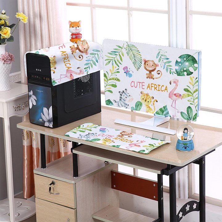 Bộ khăn phủ máy tính để bàn vỏ bọc chống bụi màn hình bàn phím họa tiết dễ thương size 22, 24, 27, 32 inch