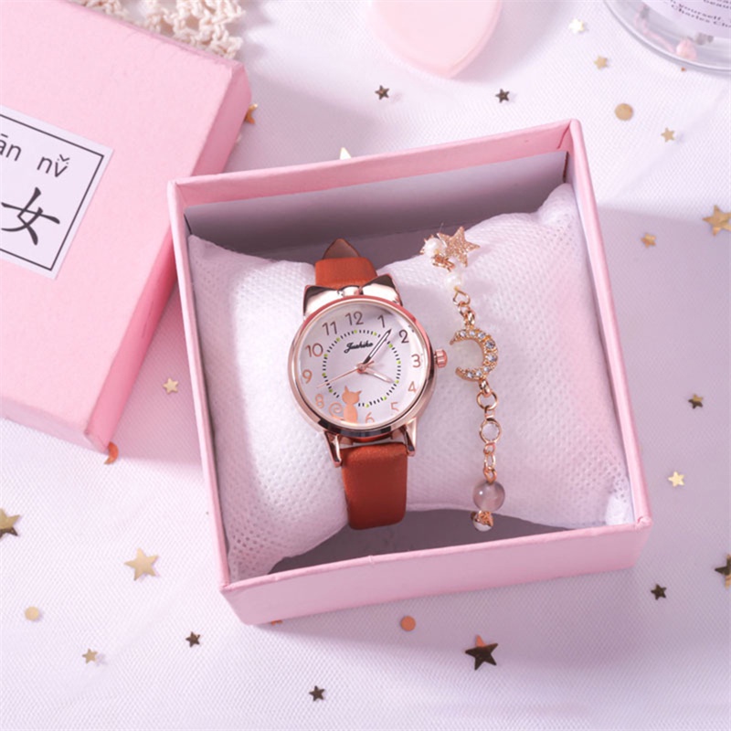 Cod Qipin Ins Đồng Hồ Đeo Tay Dạ Quang Hình Tai Mèo Đính Đá + Vòng Tay Mặt Trăng Đính Đá Làm Quà Tặng Sinh Nhật Cho Nữ