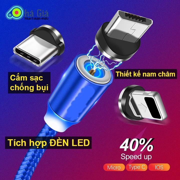Bộ Cáp sạc Hàng Hàn Quốc từ hút nam châm 3 đầu Android/ IPHON/ Type C xoay 360 độ dây dù,có LED cao cấp