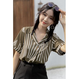 Áo sơ mi nữ Mossy Green lụa ngắn tay màu xanh