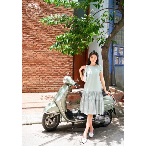 VÁY ĐUÔI CÁ XANH MINT LÁ IN HOA ĐŨI LỤA PHỐI TƠ ÓNG (38-72KG)