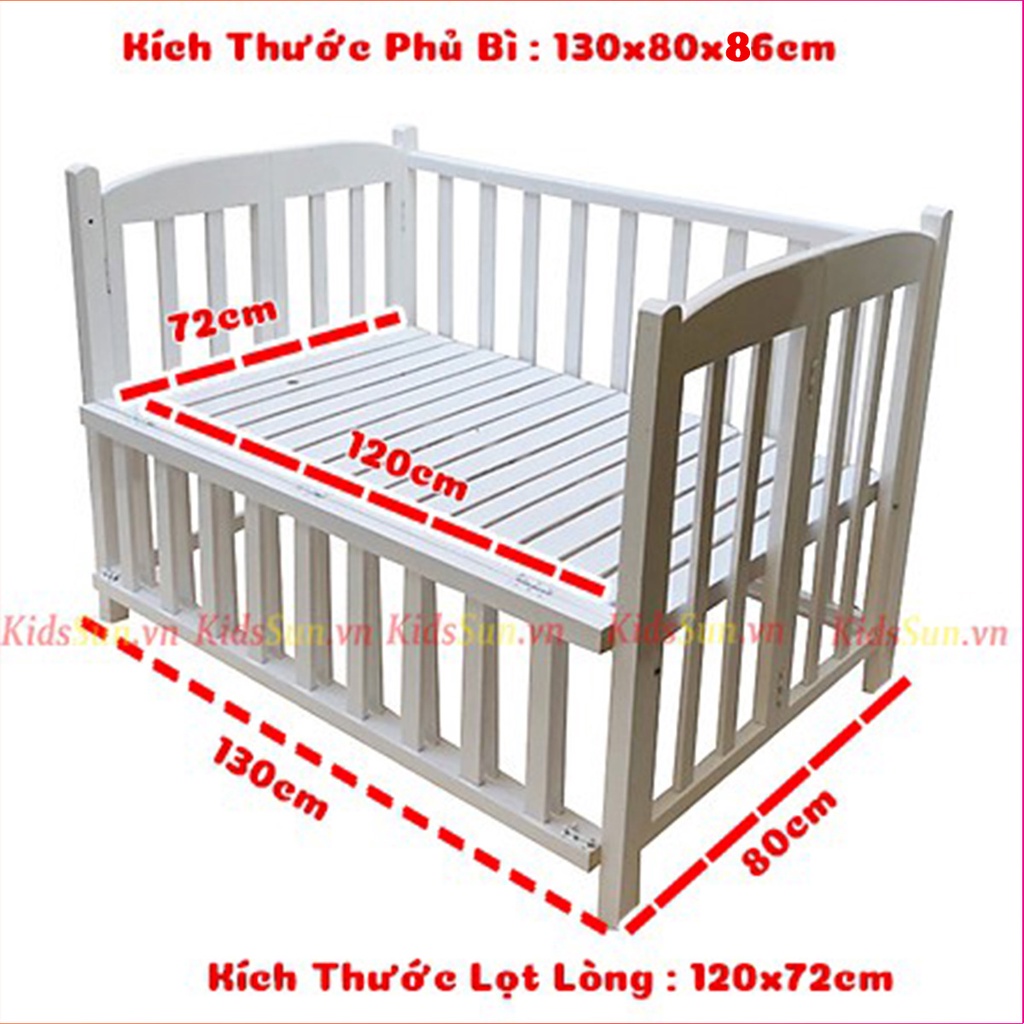 Nôi Cũi Gỗ Cho Bé KIDSSUN Chất Liệu Gỗ Quế Kích Thước [130x80x86cm] Chịu Lực Tới 100kg Tặng Bánh Xe BH 24 Tháng