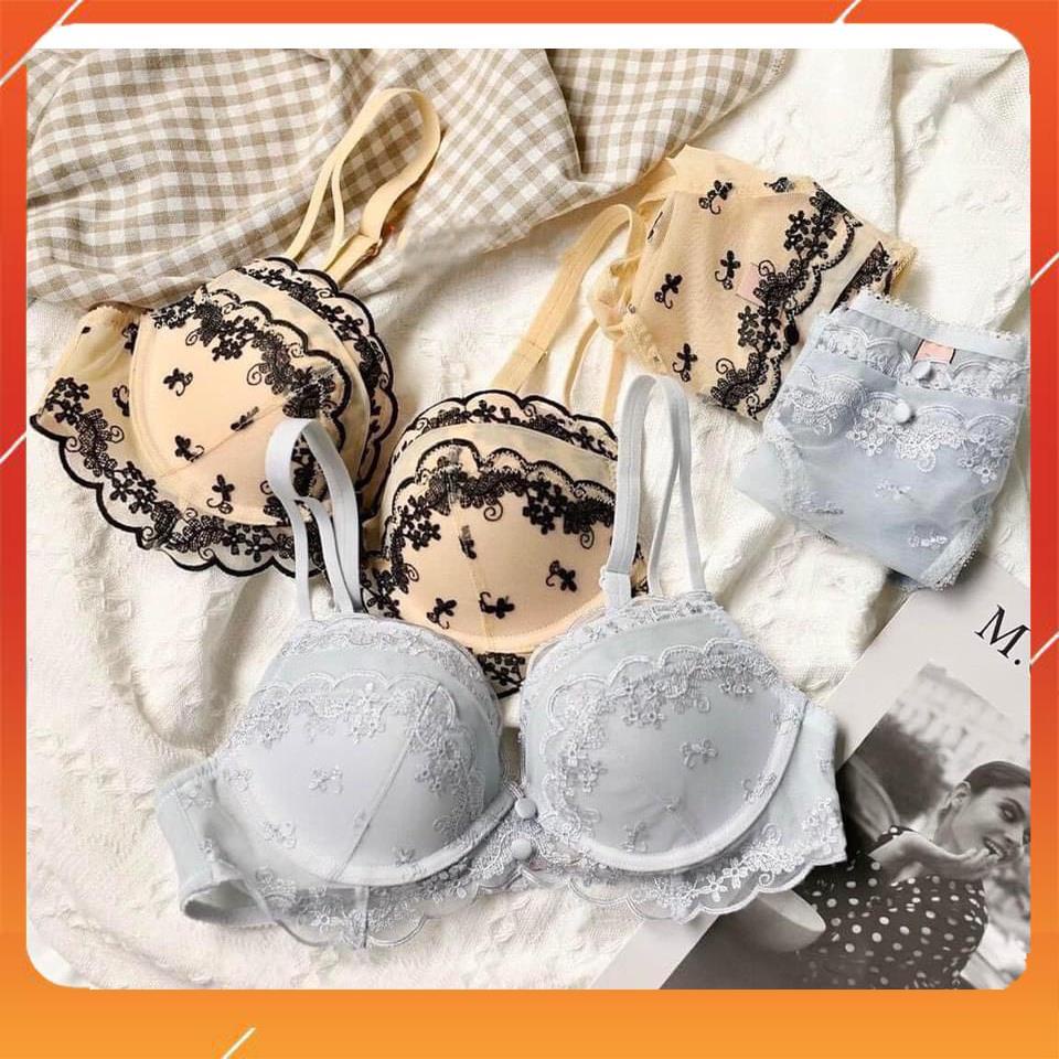 Set bộ đồ lót nữ Vick siêu cấp áo có gọng cup ngang, chất liệu ren họa tiết hoa thêu, có đệm mút. Mã B21410
