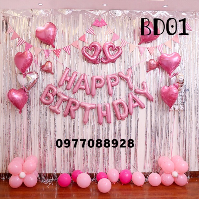Set Trang Trí Sinh Nhật BD01 Màu Hồng- tặng bơm + băng dính + ruy băng