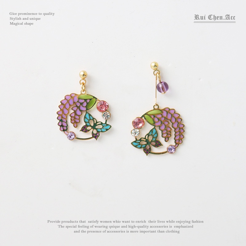 [Hàng Mới Về] Bông Tai Kẹp Không Đối Xứng Hình Bướm Tráng Men Nhựa Resin Không Đều Thời Trang Xuân Hè