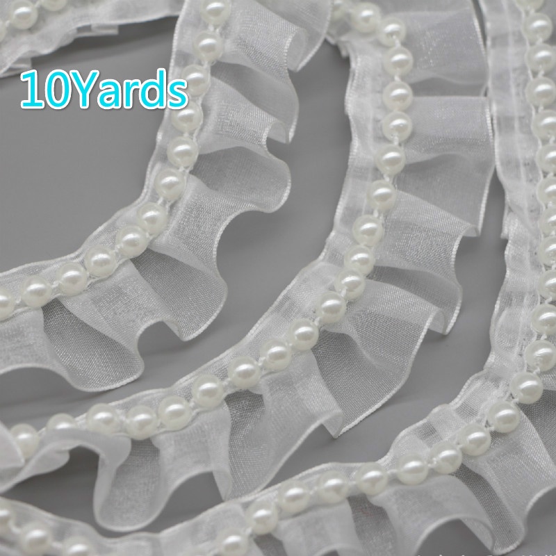Cuộn Vải Ren Đính Ngọc Trai Giả 10Yards * 3cm Làm Đồ Thủ Công