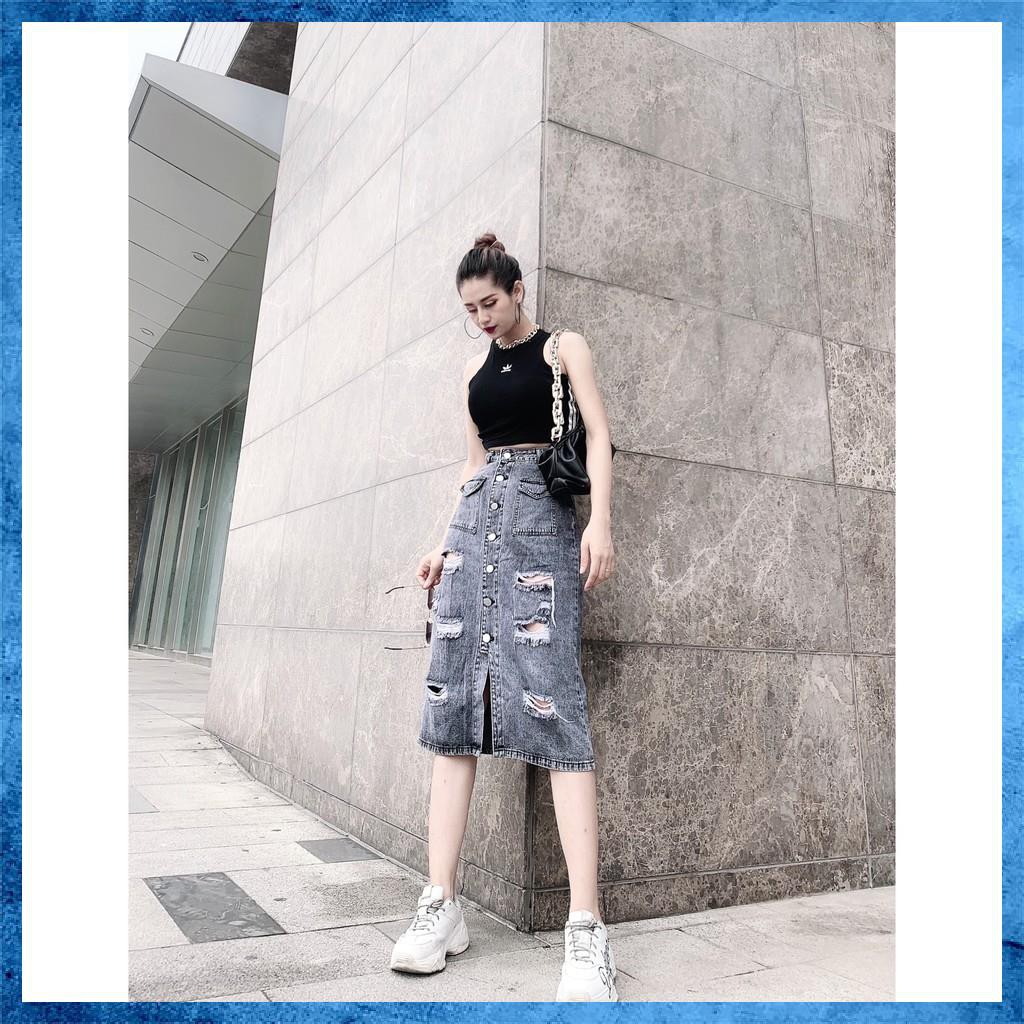 Chân váy jeans dáng dài, chân váy bò rách lưng cao túi nắp 1 khuy. Mã V0145