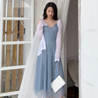 [order 12 ngày] Set đầm ulzzang 2 dây phối lưới + áo khoác mỏng - u.w