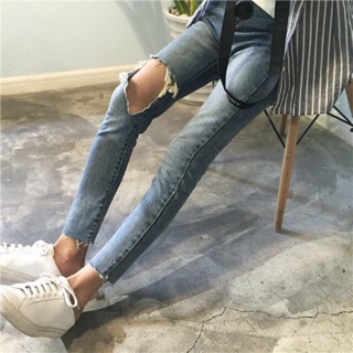 Quần jeans rách 1 bên gối ulzzang (ẢNH THẬT Ở CUỐI)