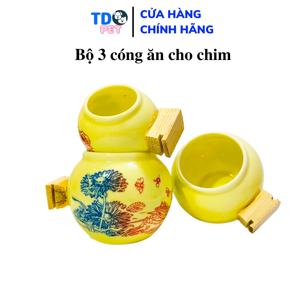Cóng chim chào mào chích chòe màu vàng chất liệu gốm sứ họa tiết siêu đẹp bộ đủ 3 món